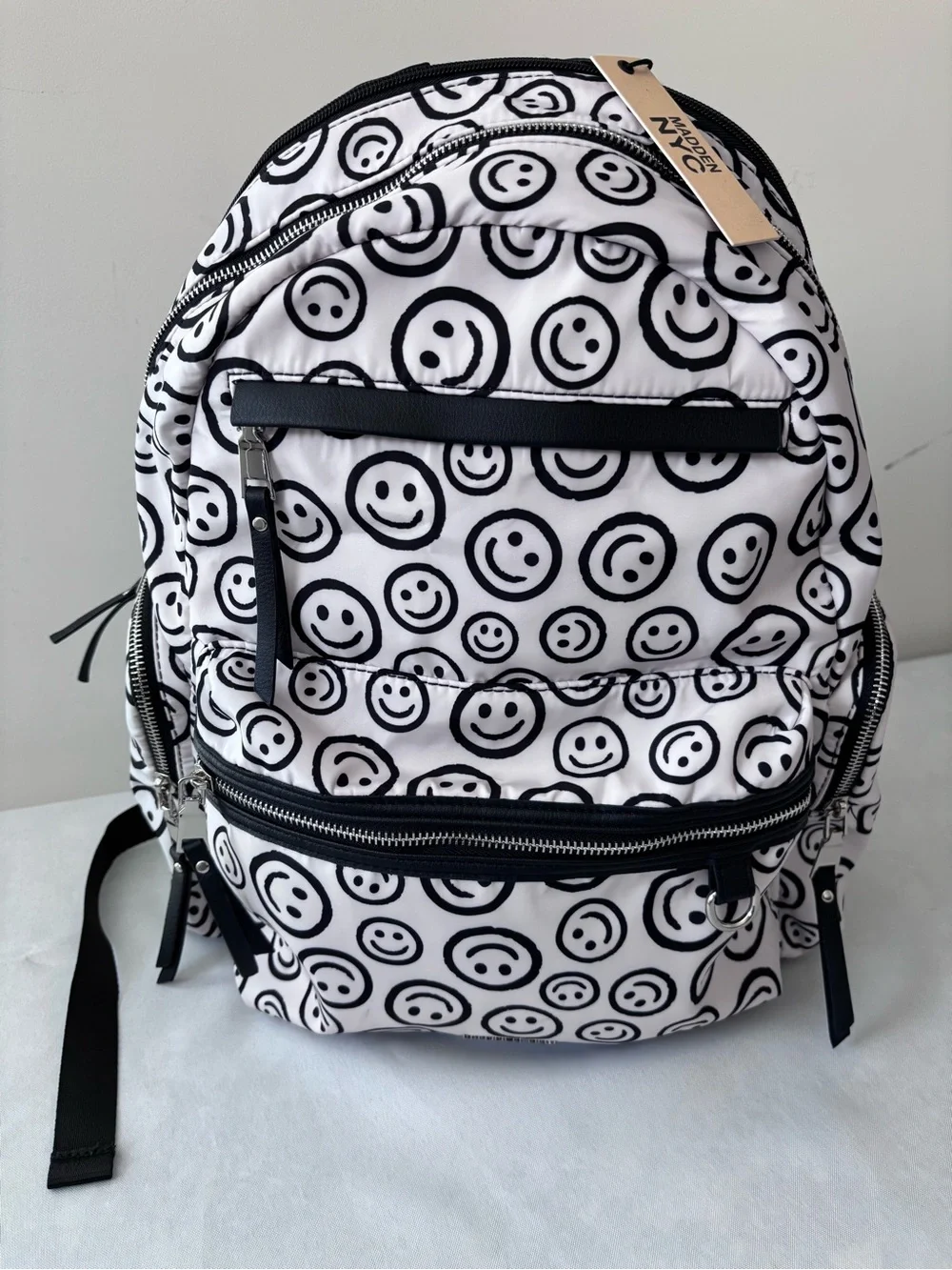 Madden NYC nylon backpacks Smiley Print White & Black Backpack - Designer Style